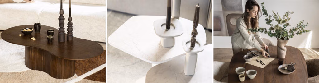 Een collage van drie beelden: een donkerhouten organische tafel met decor, een close-up van een wit tafelblad met kandelaars en een vrouw die servies en een vaas met groen schikt op een eettafel.
