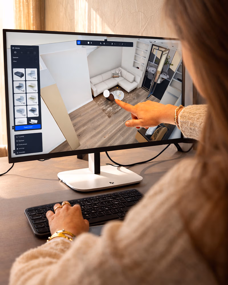 Een persoon gebruikt een computerprogramma om een kamerindeling te ontwerpen, te zien op een monitor met een 3D-model van een woonruimte met meubels, inclusief een organische tafel, terwijl één hand naar het scherm wijst en de andere het toetsenbord gebruikt.