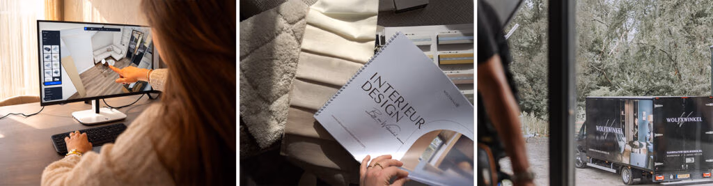 Een driedelig beeld: een persoon ontwerpt een kamer op een computer, selecteert stofstalen en een interieurboek op een organische tafel en kijkt uit een raam naar een Wolfstijn bestelwagen die buiten geparkeerd staat.