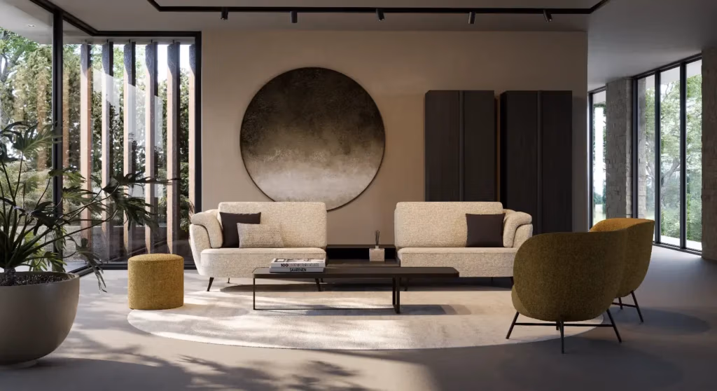 Moderne woonkamer met beige banken, een rond kunstwerk aan de muur, zwarte salontafel, groene fauteuils, een ronde voetenbank, grote ramen en kamerplanten. Natuurlijk licht vult de minimalistische, stijlvolle ruimte.