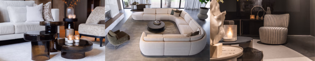 Drie moderne woonkamers die perfect zijn voor iedereen die zijn woonkamer wil vernieuwen: donkere glazen tafels met kaarsen, een gebogen beige hoekbank met een ronde salontafel, en een gestreepte fauteuil naast een kaars en decoratieve voorwerpen op een donkere tafel.
